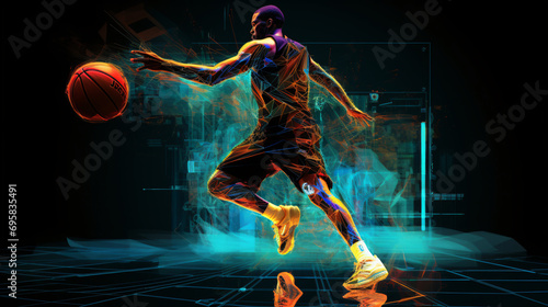 Digital illustration of basketball player in abstract background with glowing particles and lines photo