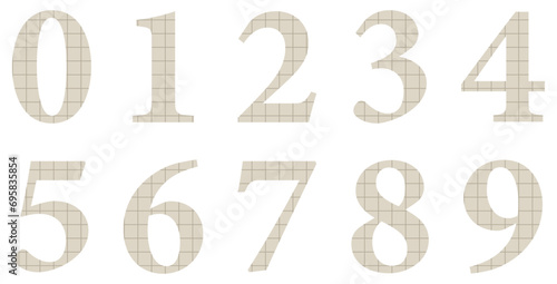 Set of brown paper numbers isolated on white. Paper from a notebook in a cell. Alphabet. Vector graphic elements for design