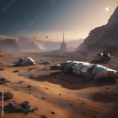 A spacecraft graveyard on a desolate planet, remnants of ancient battles dotting the landscape2