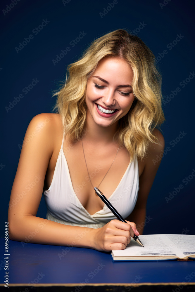 Beautiful blonde woman sitting at desk, smiling and taking notes. Beautiful blonde woman sitting at desk, smiling and taking notes.
