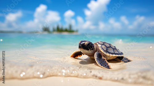Little turtle on a white beach