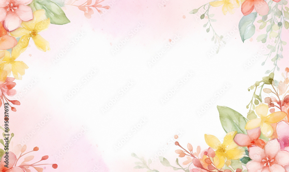 Delicate frame with beautiful watercolor flowers. Spring design. Pastel colors. Ai generated