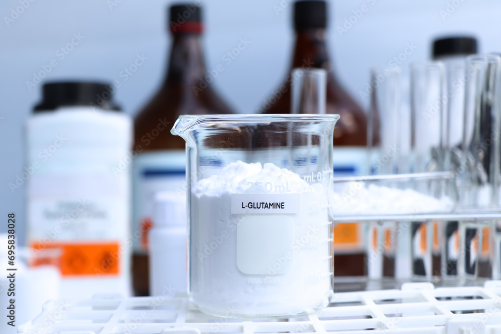 L-GLUTAMINE powder in chemical container , chemical in the laboratory and industry L-GLUTAMINE powder in chemical container , chemical in the laboratory and industry