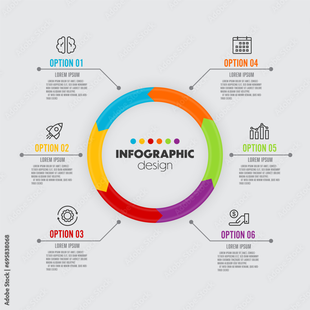Obraz premium Vector infographic business data process diagram 6 option design element. Template for presentation.