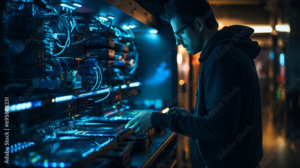 Computer technician working in server room, computer scientist works on a server rack in a server room, Focused female teenager typing at her desktop computer Computer technician working in server room, computer scientist works on a server rack in a server room, Focused female teenager typing at her desktop computer
