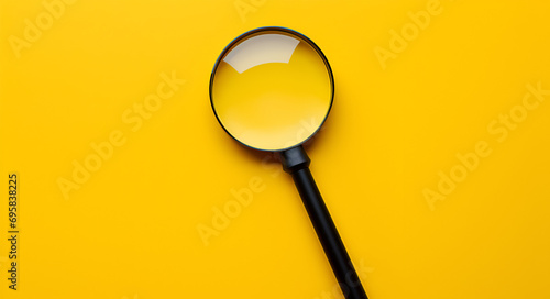 close up of a magnifying glass on a yellow background searching for job with copyspace of white paper to write  photo