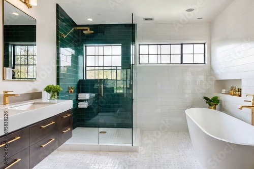 Modern primary bathroom with white subway wall tile  a floating single vanity  a frameless glass-enclosed shower  and wall-mount faucets.