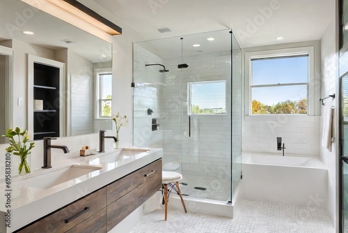 Modern primary bathroom with white subway wall tile, a floating single vanity, a frameless glass-enclosed shower, and wall-mount faucets. photo
