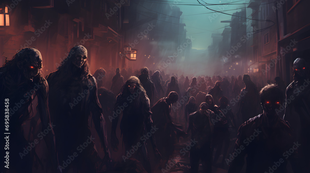 Halloween concept of zombie crowd