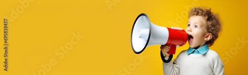 A young nerd boy yells into a megaphoneon yellow background Child speaking by megaphone. Kid making loud announcement.