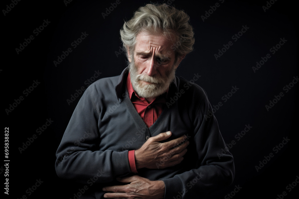 A sensitive image of an old European man, his face conveying the strain of heart-related issues, holding onto his chest area with a pained expression