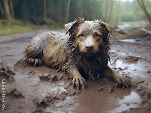 dog playing in mud