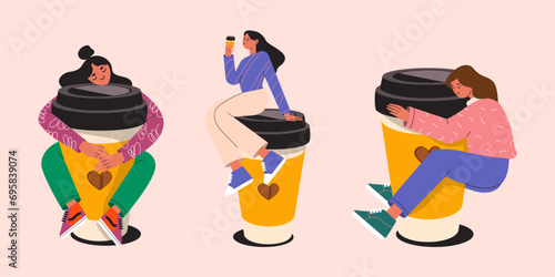 St of Girl with big cup of coffee. Vector illustration.