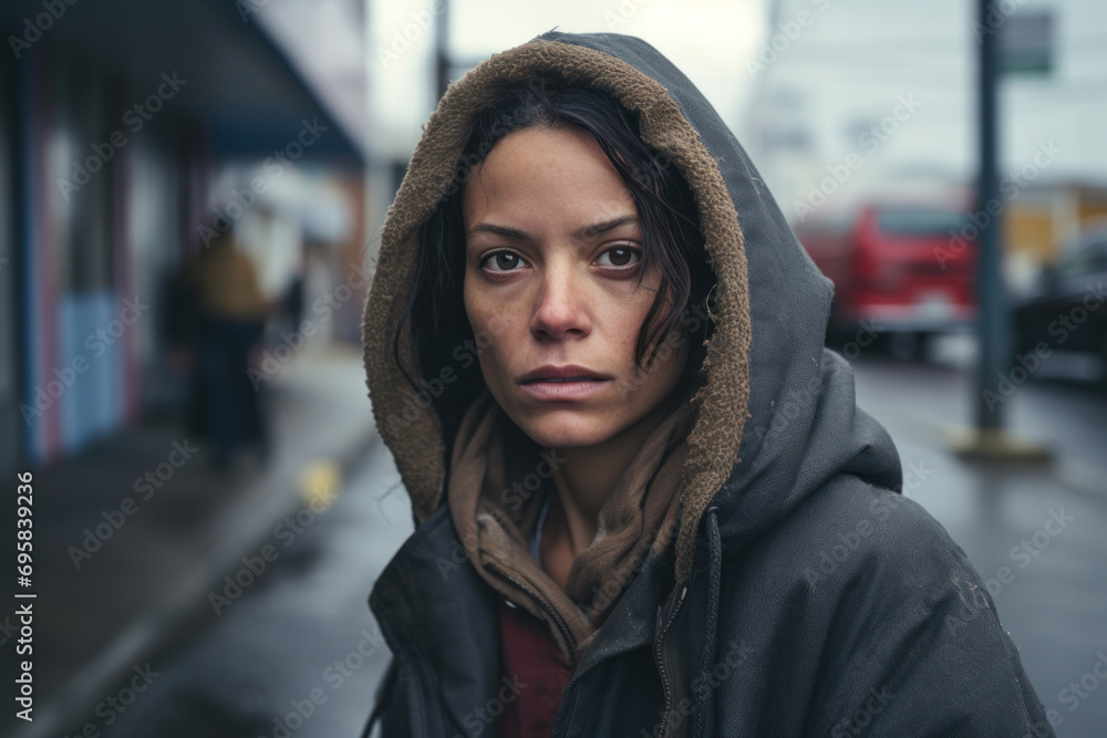 A 25-year-old Hispanic woman, clad in worn-out clothes, as she shares her heartbreaking story while navigating life without a home on a busy urban street A 25-year-old Hispanic woman, clad in worn-out clothes, as she shares her heartbreaking story while navigating life without a home on a busy urban street