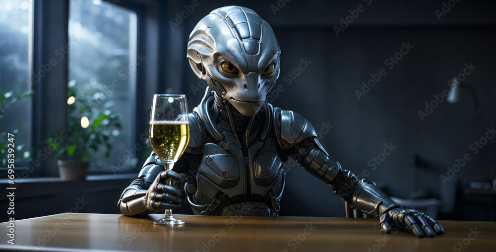 An alien with a glass of champagne in a bar