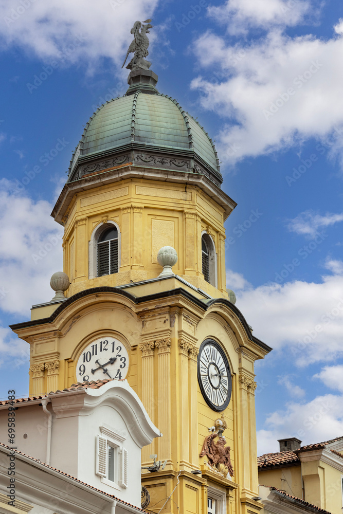 Fototapeta premium Medieval baroque city clock tower ( Gradska ura) by Korzo promenade, Rijeka, Croatia