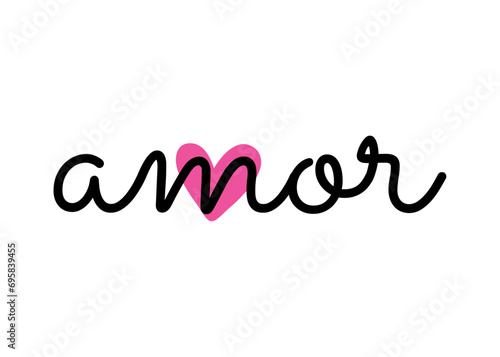 Logo con palabra en texto manuscrito amor en español por encima de silueta de corazón para su uso en tarjetas y felicitaciones de San Valentín