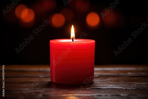 red burning candle on wood with romantic atmosphere
