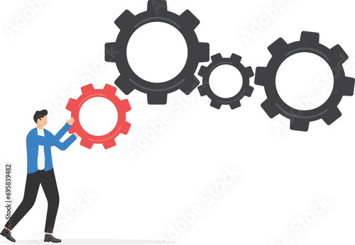 Businessman rolling a small red gear to large gears symbol. Business concept and increase of efficiency and productivity illustration.

