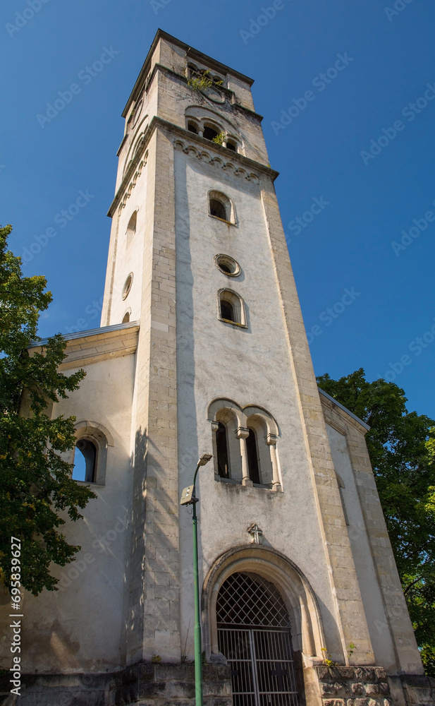 Saint Anthony of Padua Church in central Bihac, Una-Sana Canton, Federation of Bosnia and Herzegovina. Built 1891, it suffered WW2 damage, today only the tower and parts of the walls remain intact