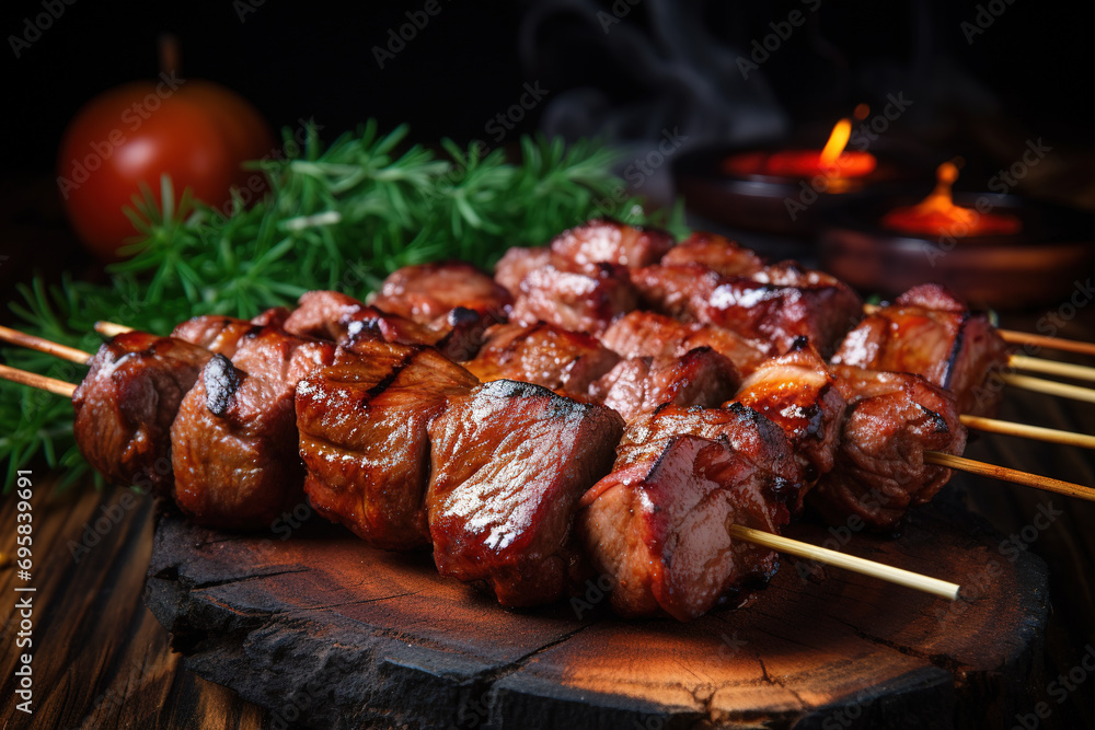 Grilled meat skewers, shish kebab. Juicy and tasty grilled shashlik. Generative AI