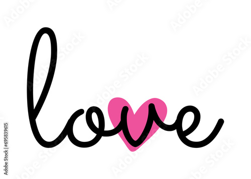 Logo con palabra en texto manuscrito love por encima de silueta de corazón para su uso en tarjetas y felicitaciones de San Valentín