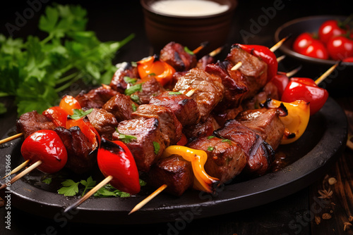 Grilled meat skewers  shish kebab. Juicy and tasty grilled shashlik. Generative AI