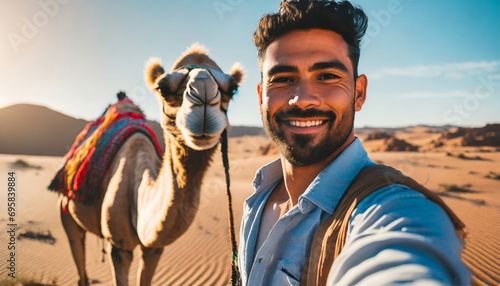 Men Riding Camels in Sahara Desert: Adventurous Selfie on Moroccan Vacation © SashaMagic