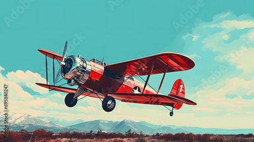 Red vintage plane flying in the blue sky photo
