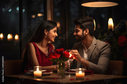 Young indian couple enjoys romantic dinner at restaurant