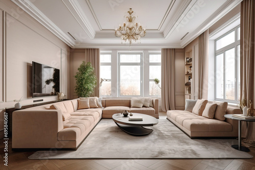 European interior design of the living room of an apartment house  warm colors  brown beige soft colors. AI Generative.