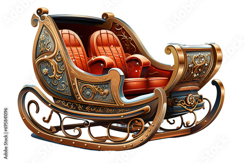 Santa Claus sleigh gold and red leather isolated on PNG Background, Generative Ai.