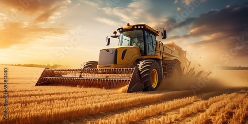 Modern tractor plowing field during harvest at sunset. Agriculture and technology. photo