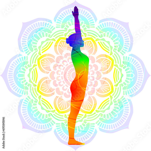 Colorful silhouette of yoga. Urdhva Vrikshasana. Mountain with Arms Up pose or Upward Tree pose. Isolated vector illustration on Mandala background.