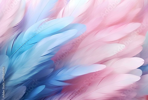 Colorful pink and blue feathers background, soft pastel colors, soft focus. © Aleena
