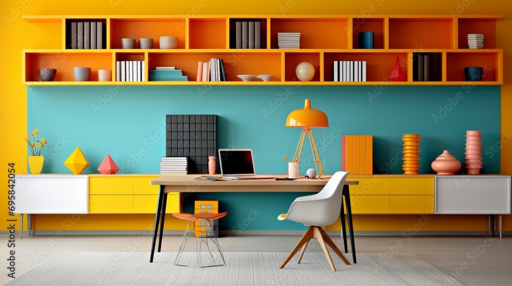 A vibrant home office with a mix of energetic colors, where the desk and shelving units create a balanced visual appeal A vibrant home office with a mix of energetic colors, where the desk and shelving units create a balanced visual appeal