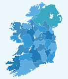 Detailed map of Ireland with administrative divisions into provinces and counties, major cities of the country, vector illustration.