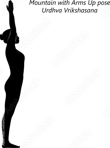 Silhouette of woman doing yoga Urdhva Vrikshasana. Mountain with Arms Up pose or Upward Tree pose. Isolated vector illustration.