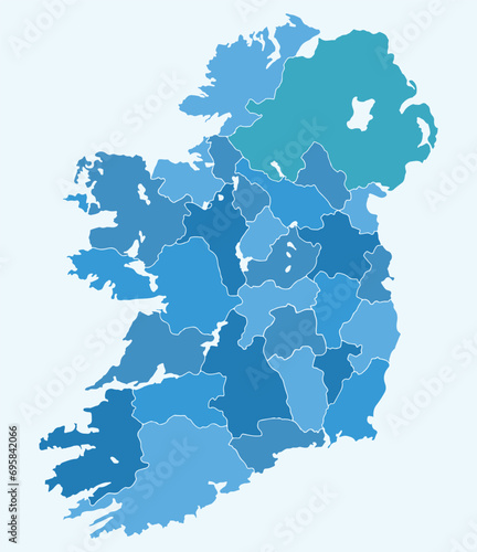 Detailed map of Ireland with administrative divisions into provinces and counties, major cities of the country, vector illustration. photo