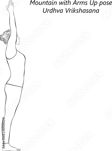 Sketch of young woman doing yoga Urdhva Vrikshasana. Mountain with Arms Up pose or Upward Tree pose. Isolated vector illustration.