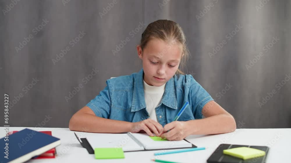 Distance learning online by videocall, teen girl sitting at workplace in living room and uses a webcam to study in self-isolation at home. Distance learning online by videocall, teen girl sitting at workplace in living room and uses a webcam to study in self-isolation at home.