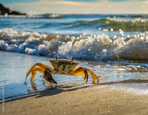 Closeup of a Beautiful Crab on the Beach: Exploring Wildlife in the Coastal Blue