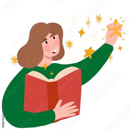 Girl,child reading a book from which stars and magic come out. Girl catch the star.Book festival concept.Read books lover.	
