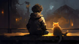 Young boy looking at a cat