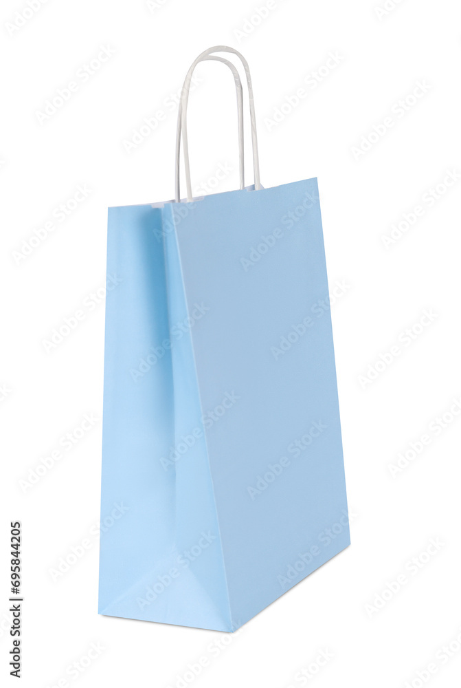 One light blue paper shopping bag isolated on white One light blue paper shopping bag isolated on white