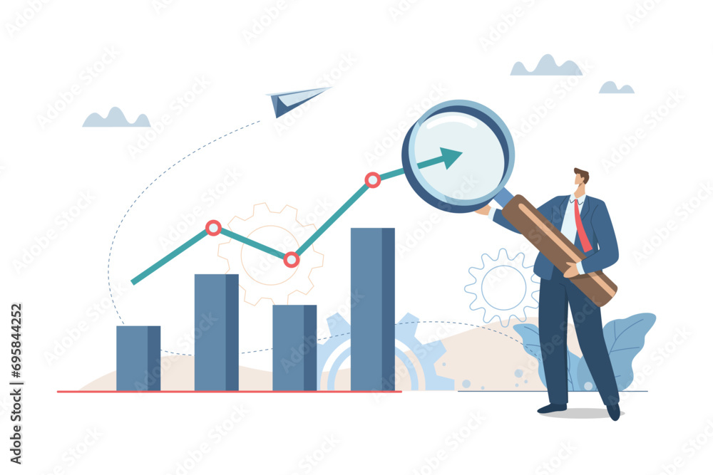 Financial research or data analysis for future trends in marketing, Forecasting factors that cause profit or loss, Businessman analyzes trends on graphs and charts with magnifying glass. Financial research or data analysis for future trends in marketing, Forecasting factors that cause profit or loss, Businessman analyzes trends on graphs and charts with magnifying glass.