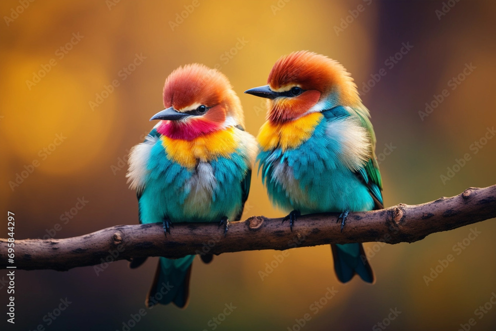 Couple of colorful bird, sitting together on branch in sunset Couple of colorful bird, sitting together on branch in sunset