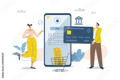Online transactions, Pay by credit card via electronic wallet, Smartphone with Online Payment, Businessman and woman conducts financial transactions with bank electronically wirelessly. photo