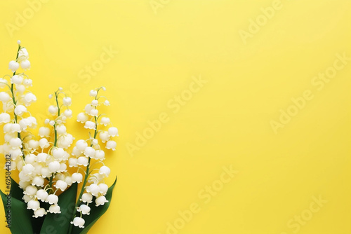 Lily of the valey bunch on yellow background top view photo