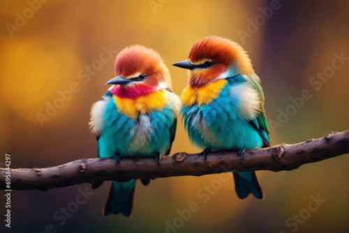 Couple of colorful bird, sitting together on branch in sunset